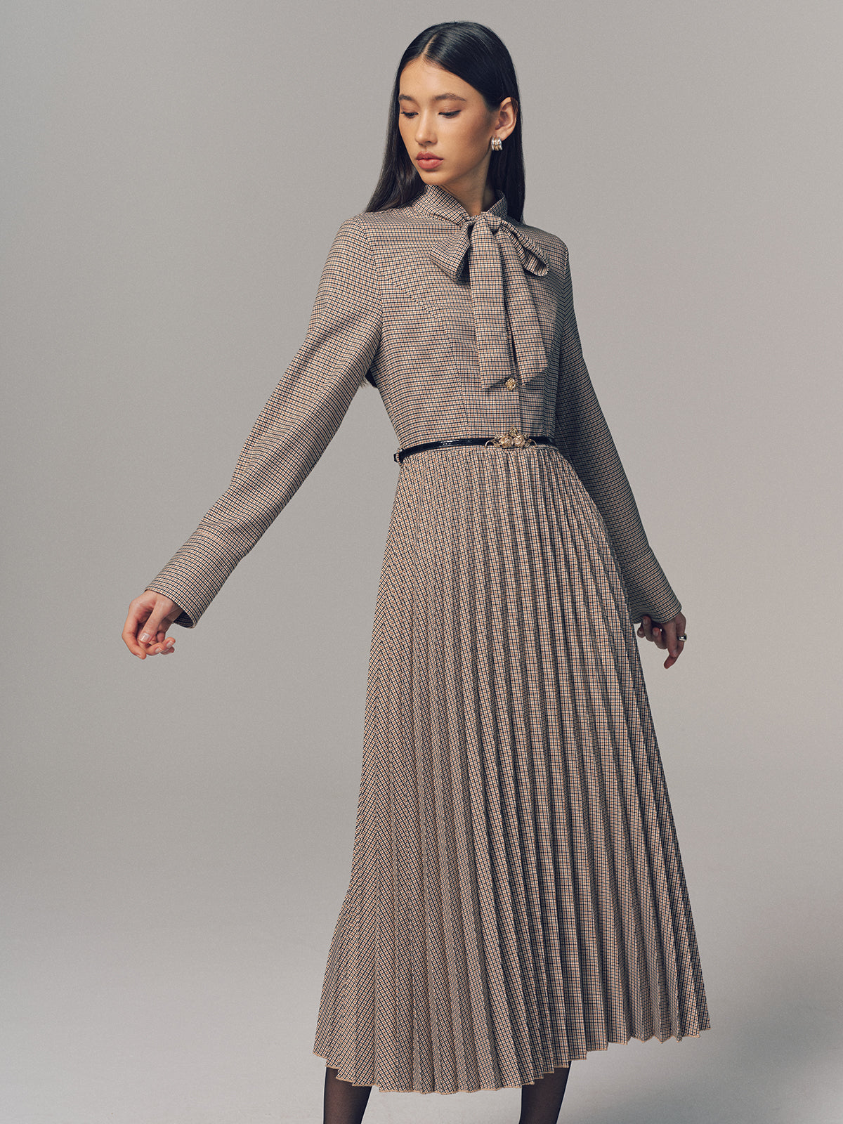 Belted Bow Neck Plaid Pleated Maxi Dress