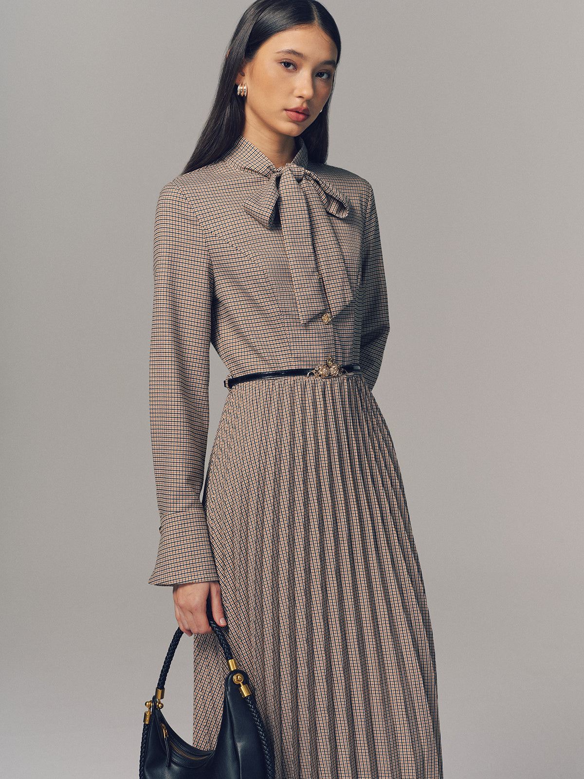 Belted Bow Neck Plaid Pleated Maxi Dress
