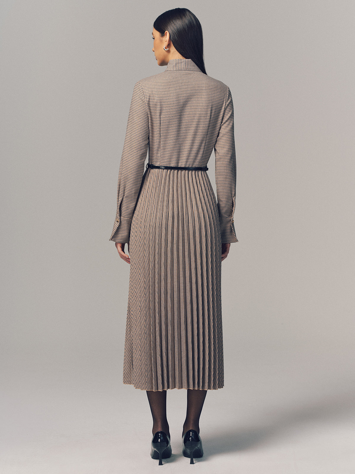 Belted Bow Neck Plaid Pleated Maxi Dress
