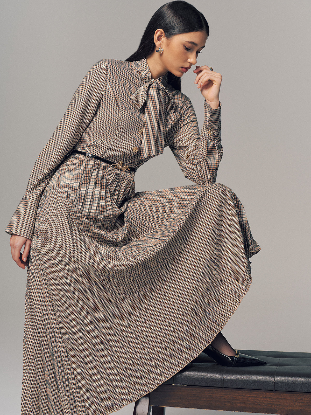Belted Bow Neck Plaid Pleated Maxi Dress