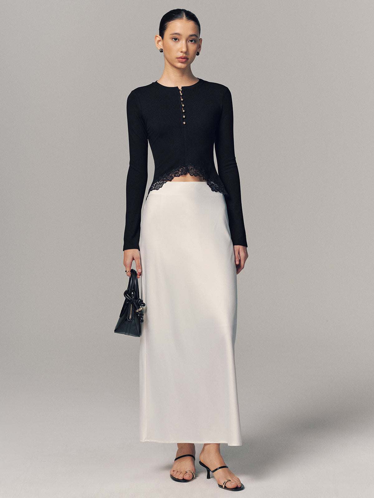 Lace Hem Metal Button Long-Sleeve Top