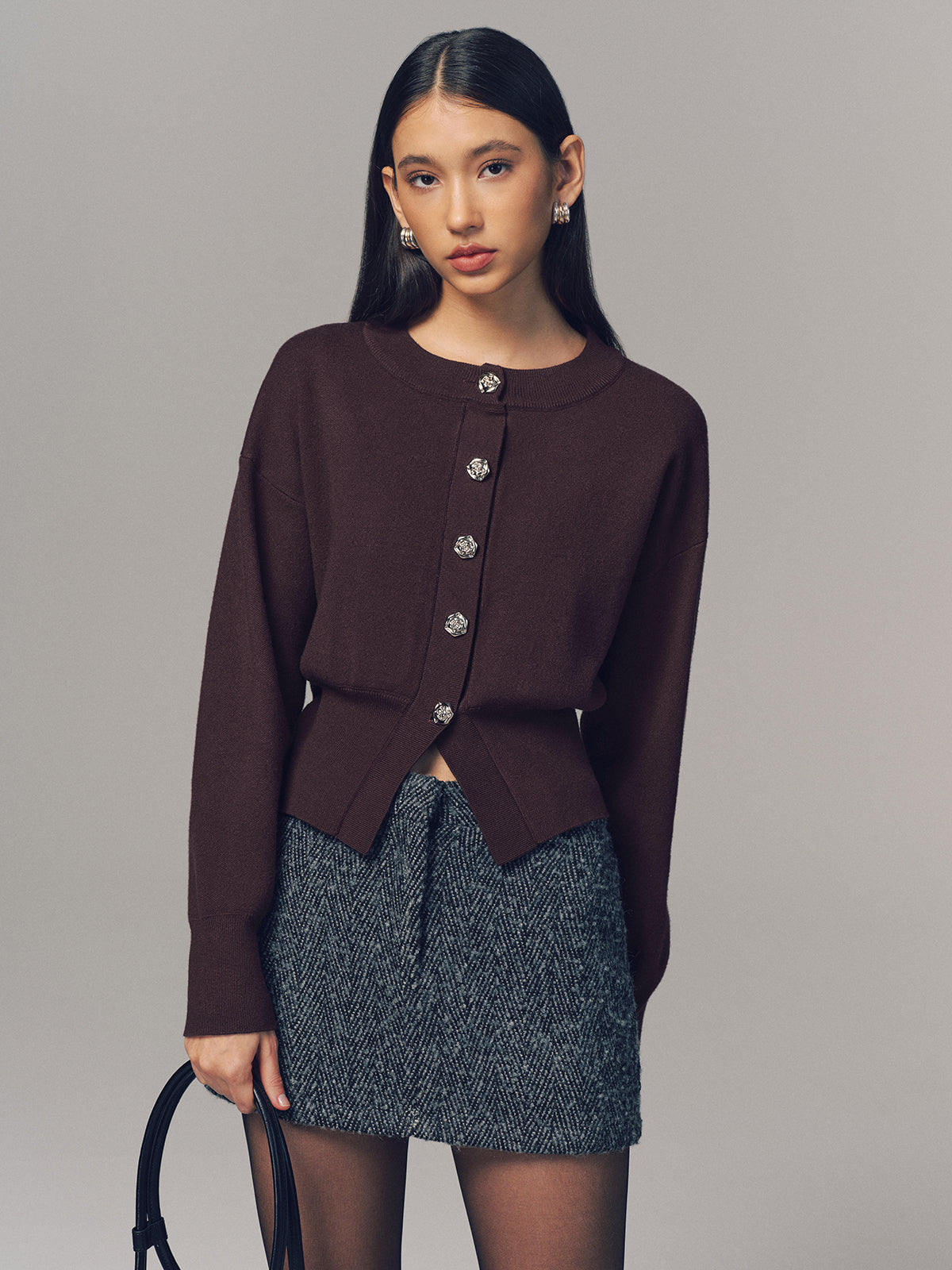 Metal Button Crew Neck Knit Cardigan