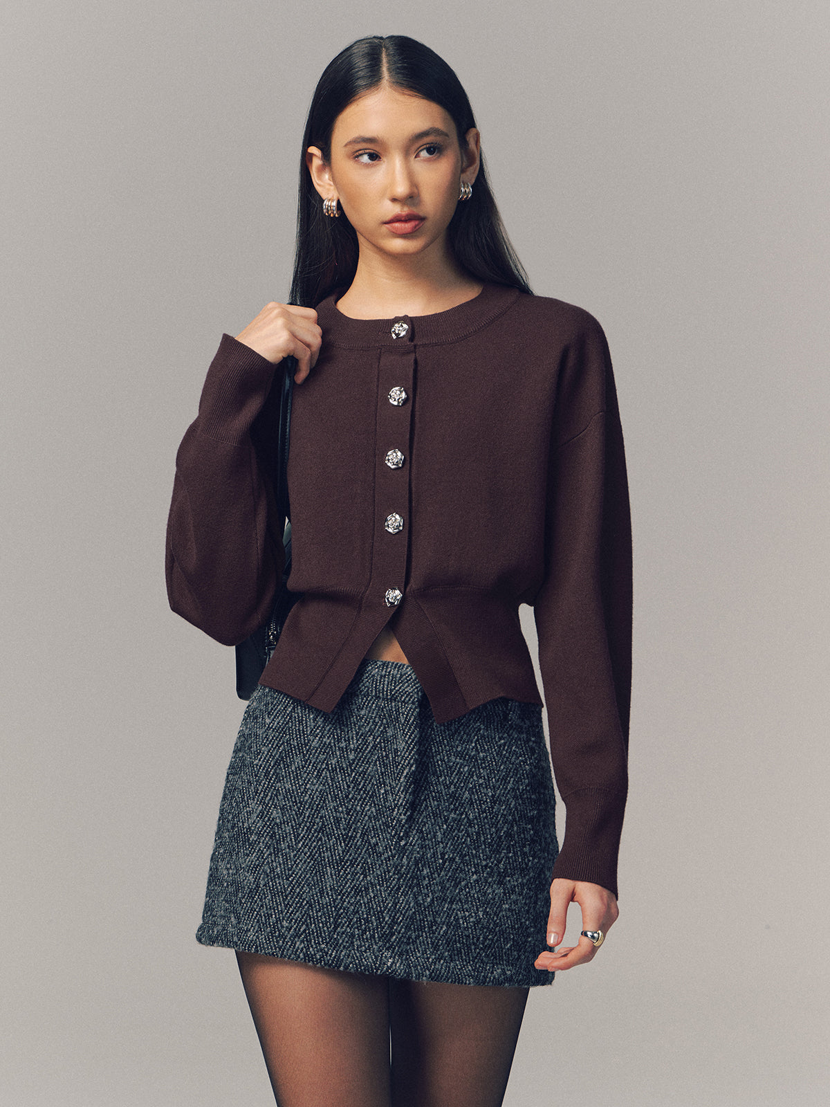 Metal Button Crew Neck Knit Cardigan