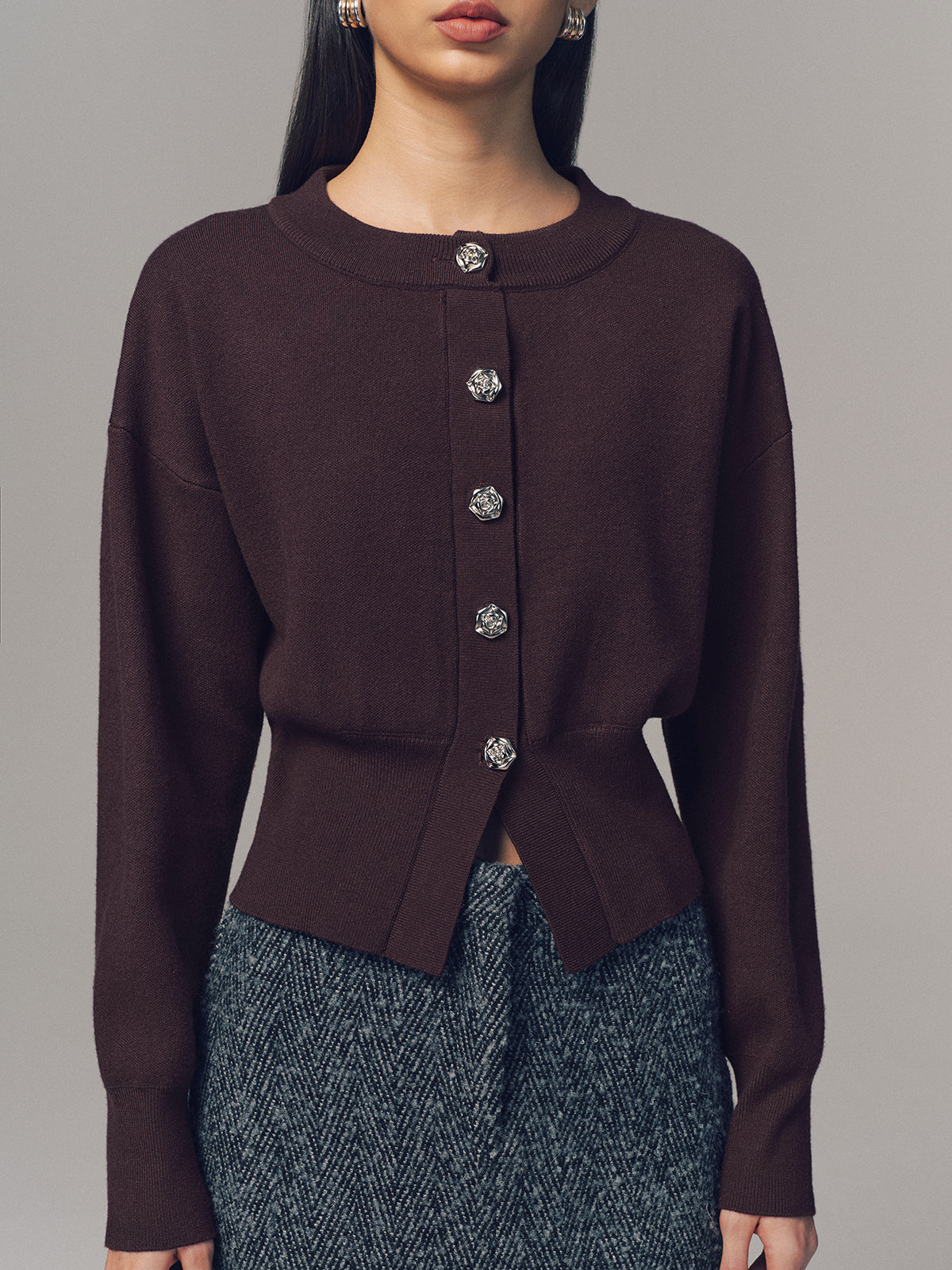 Metal Button Crew Neck Knit Cardigan