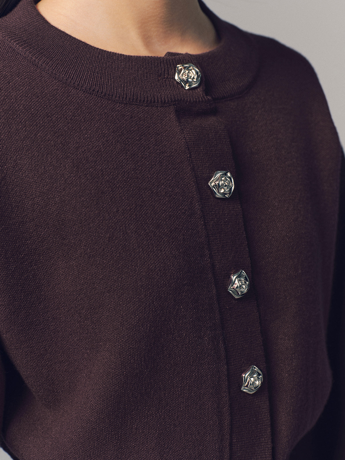 Metal Button Crew Neck Knit Cardigan