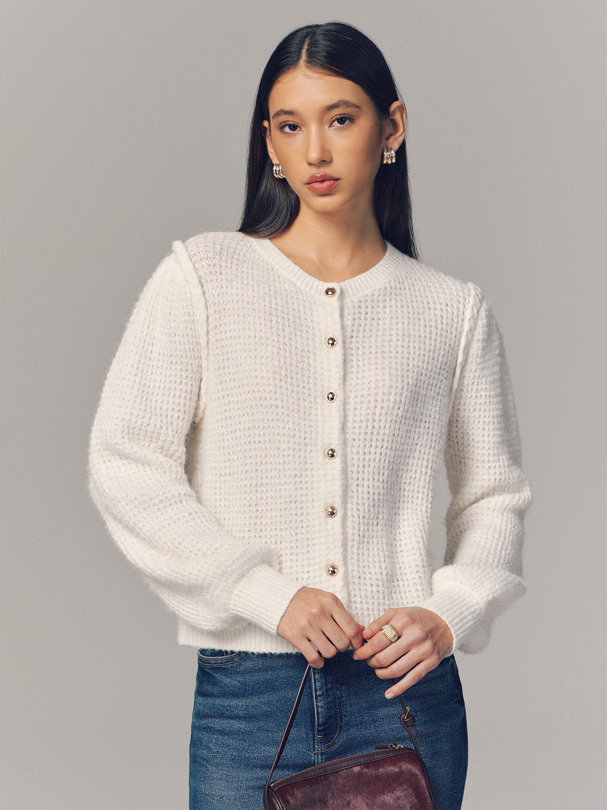 Wool Blend Waffle Knit Buttoned Cardigan
