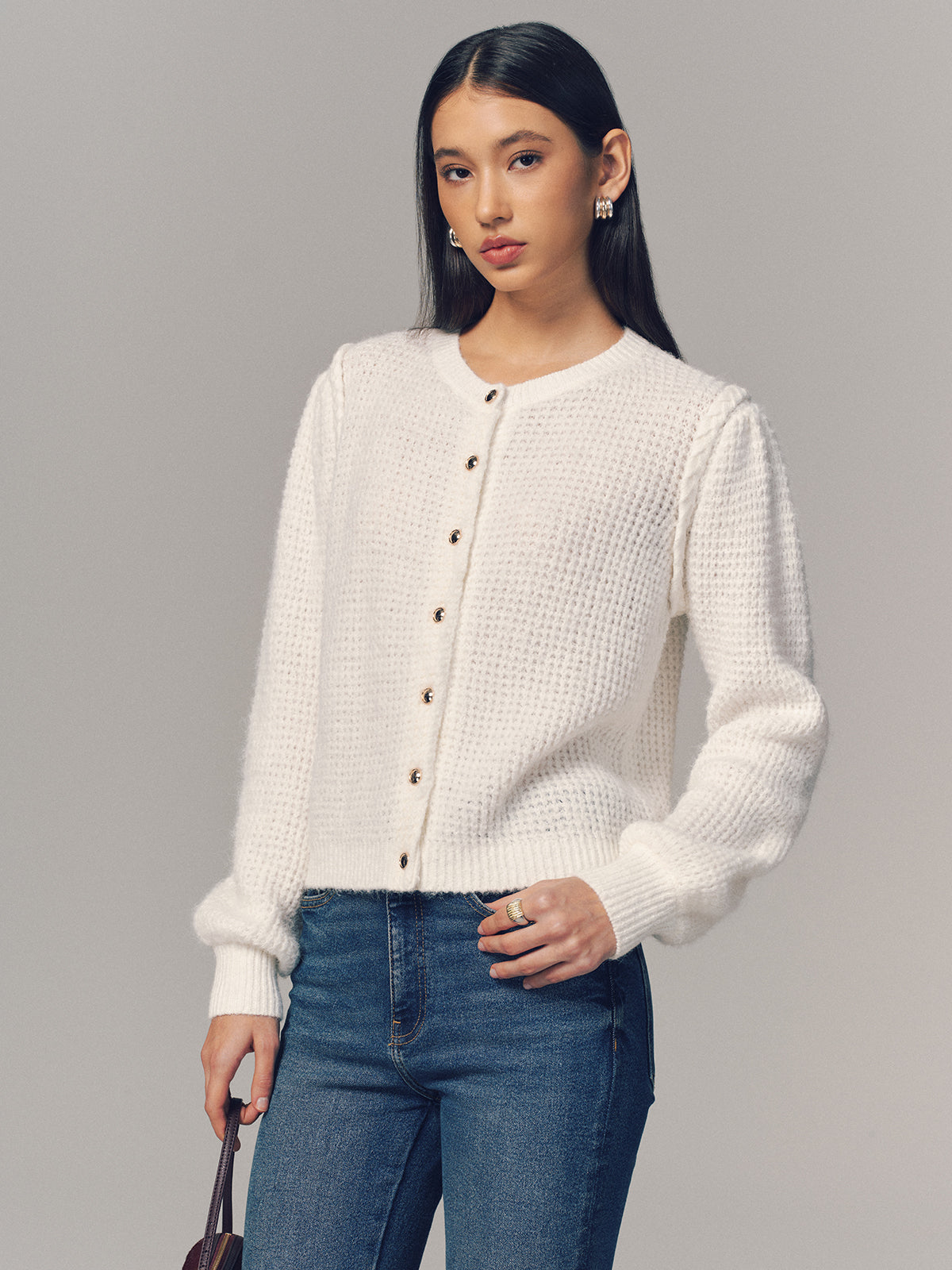 Wool Blend Waffle Knit Buttoned Cardigan