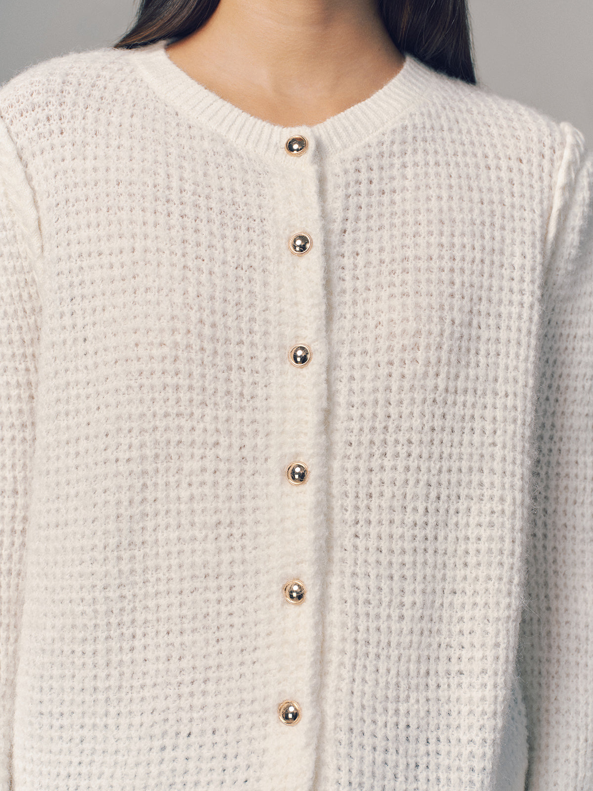 Wool Blend Waffle Knit Buttoned Cardigan