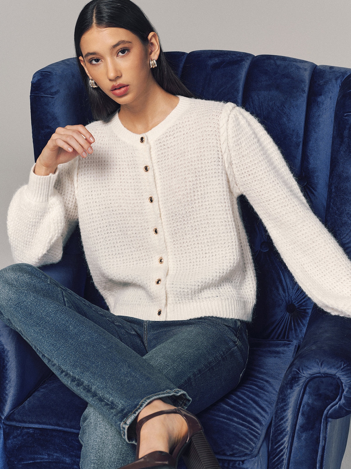 Wool Blend Waffle Knit Buttoned Cardigan