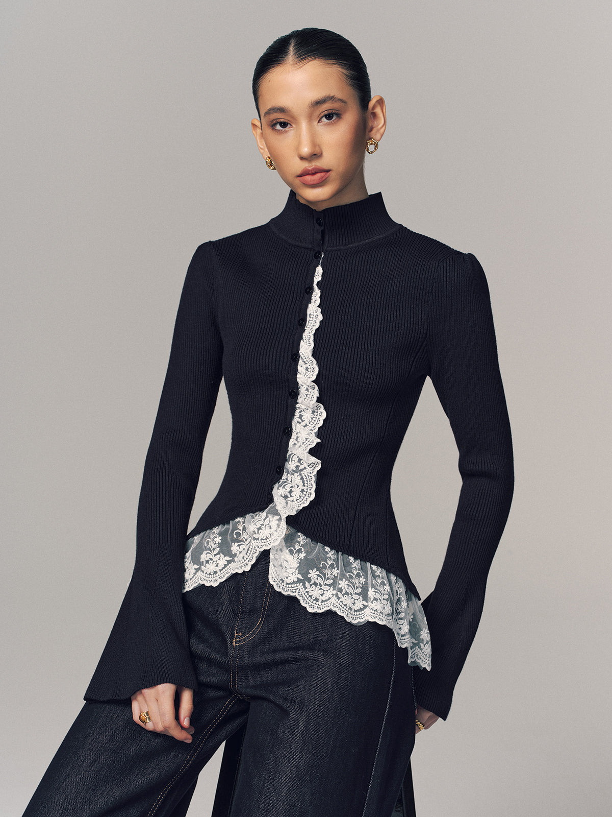 Ribbed Mock Neck Lace Trim Cardigan