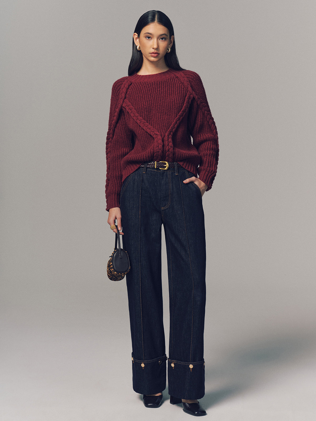 Crew Neck Twisted Cable-Knit Sweater
