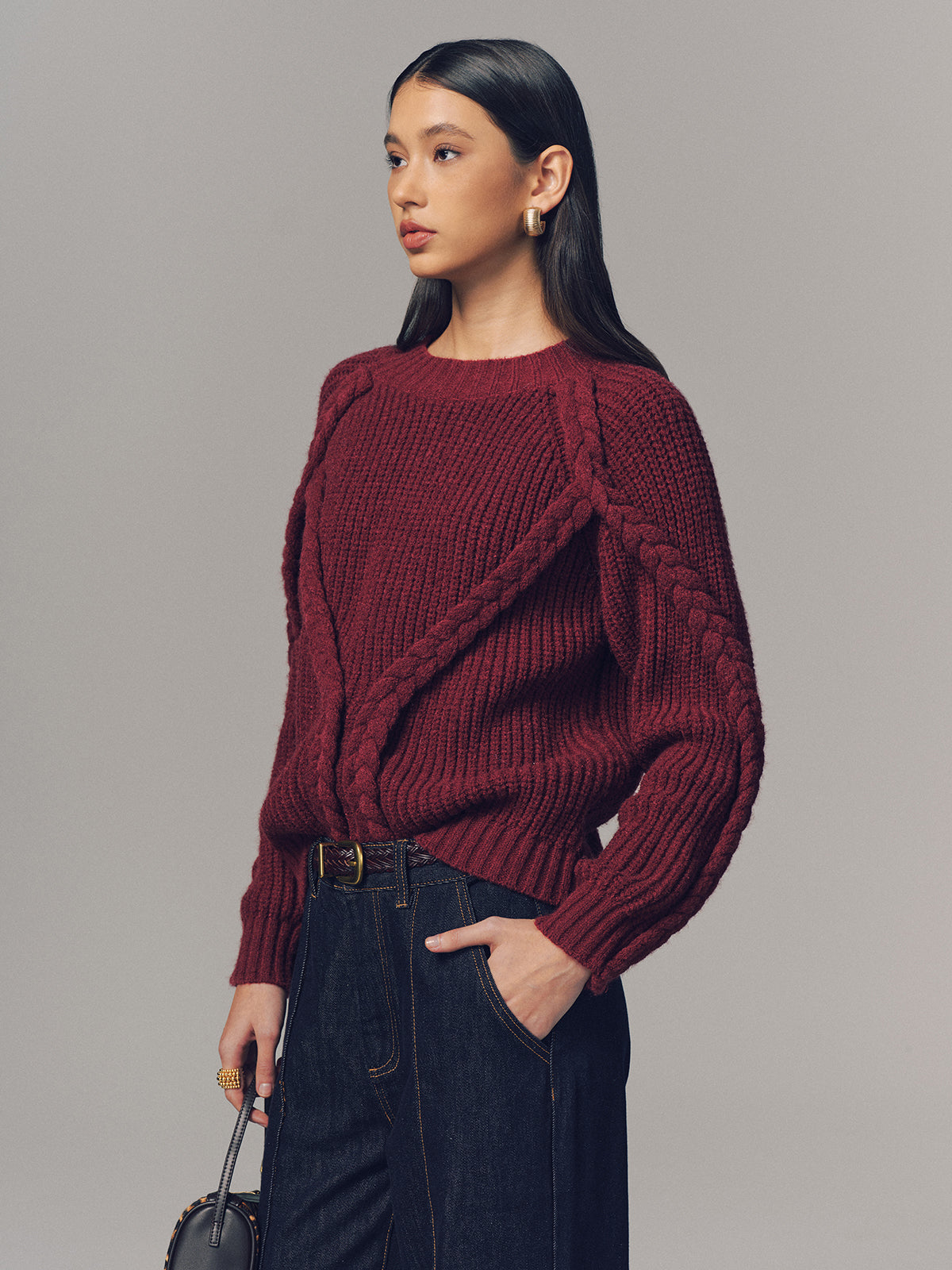 Crew Neck Twisted Cable-Knit Sweater