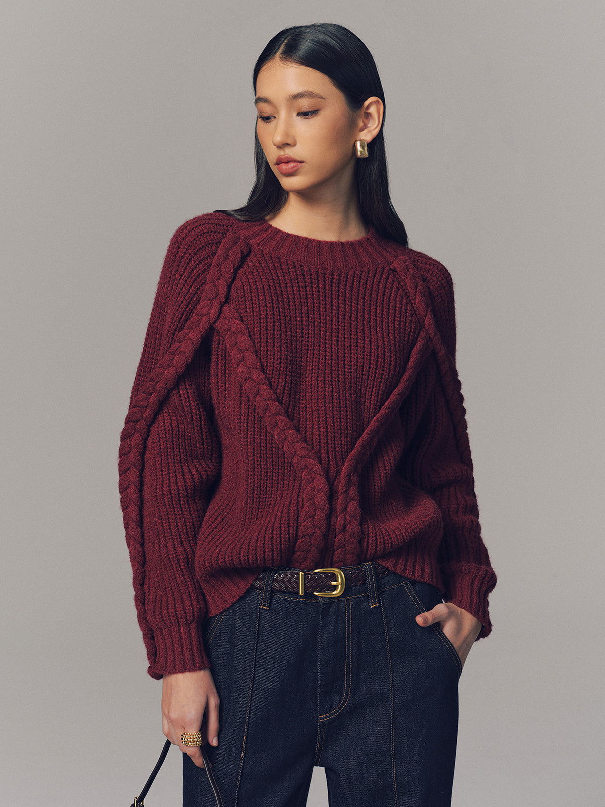 Crew Neck Twisted Cable-Knit Sweater
