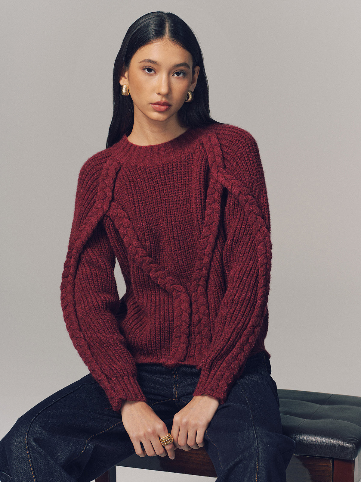 Crew Neck Twisted Cable-Knit Sweater