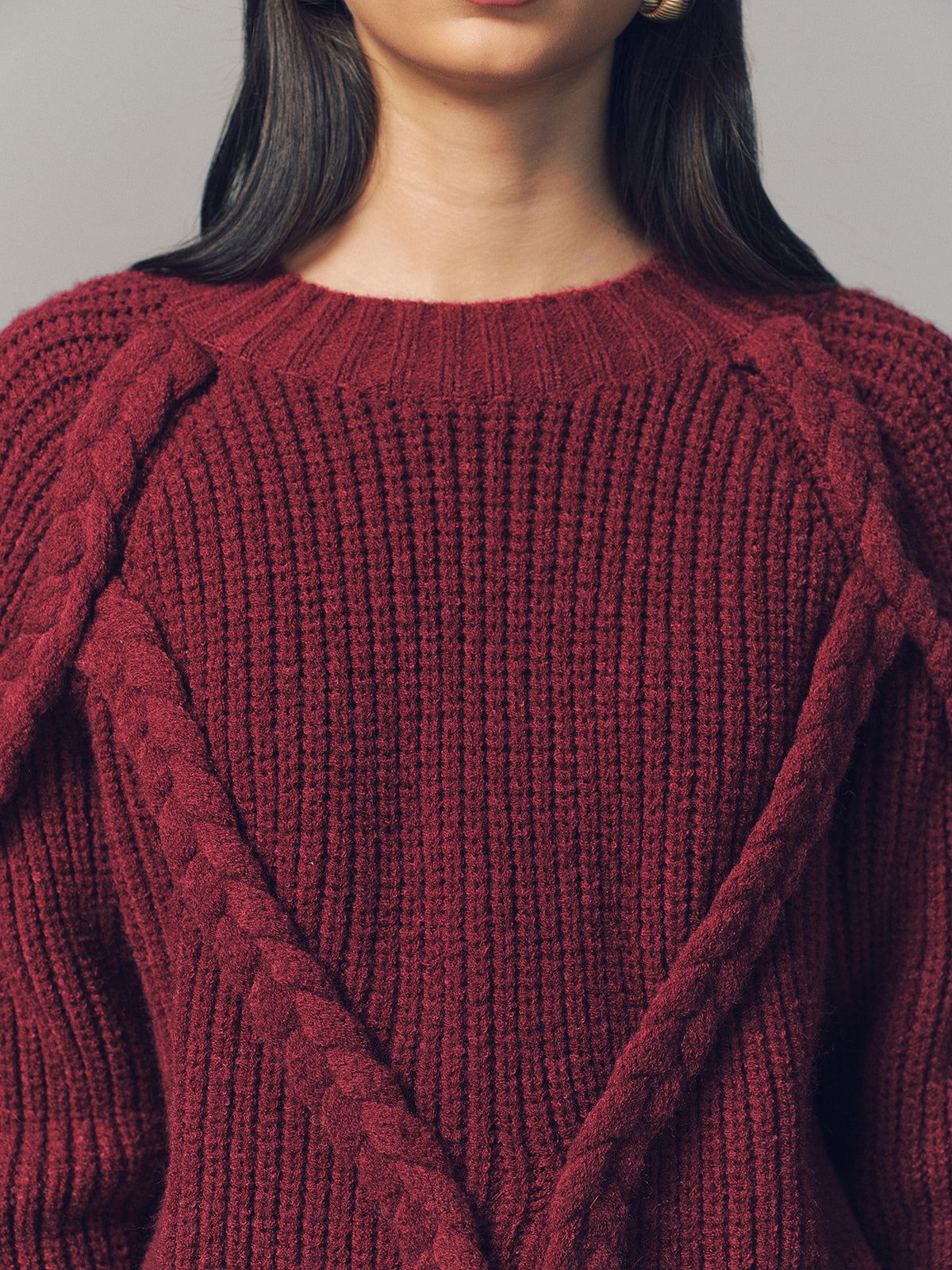 Crew Neck Twisted Cable-Knit Sweater