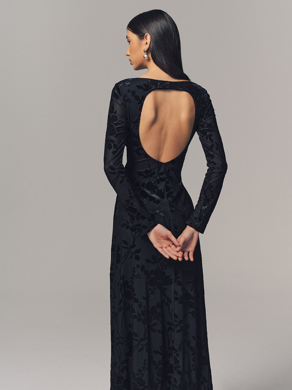 Velvet Floral Long Sleeve Backless Maxi Dress
