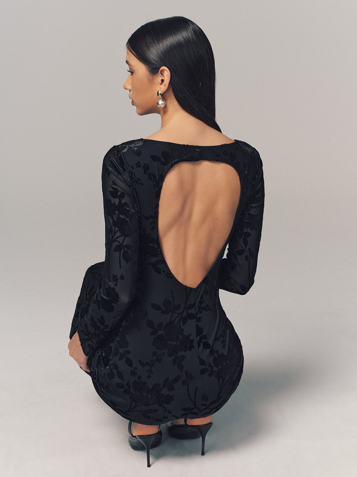 Velvet Floral Long Sleeve Backless Maxi Dress