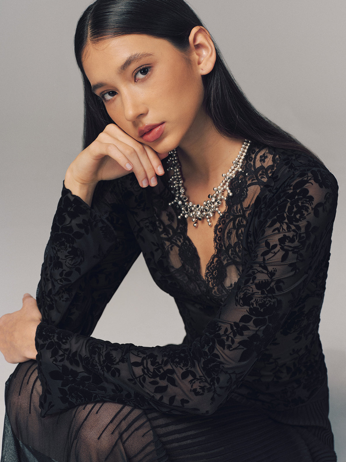 Semi-Sheer Lace V-Neck Blouse