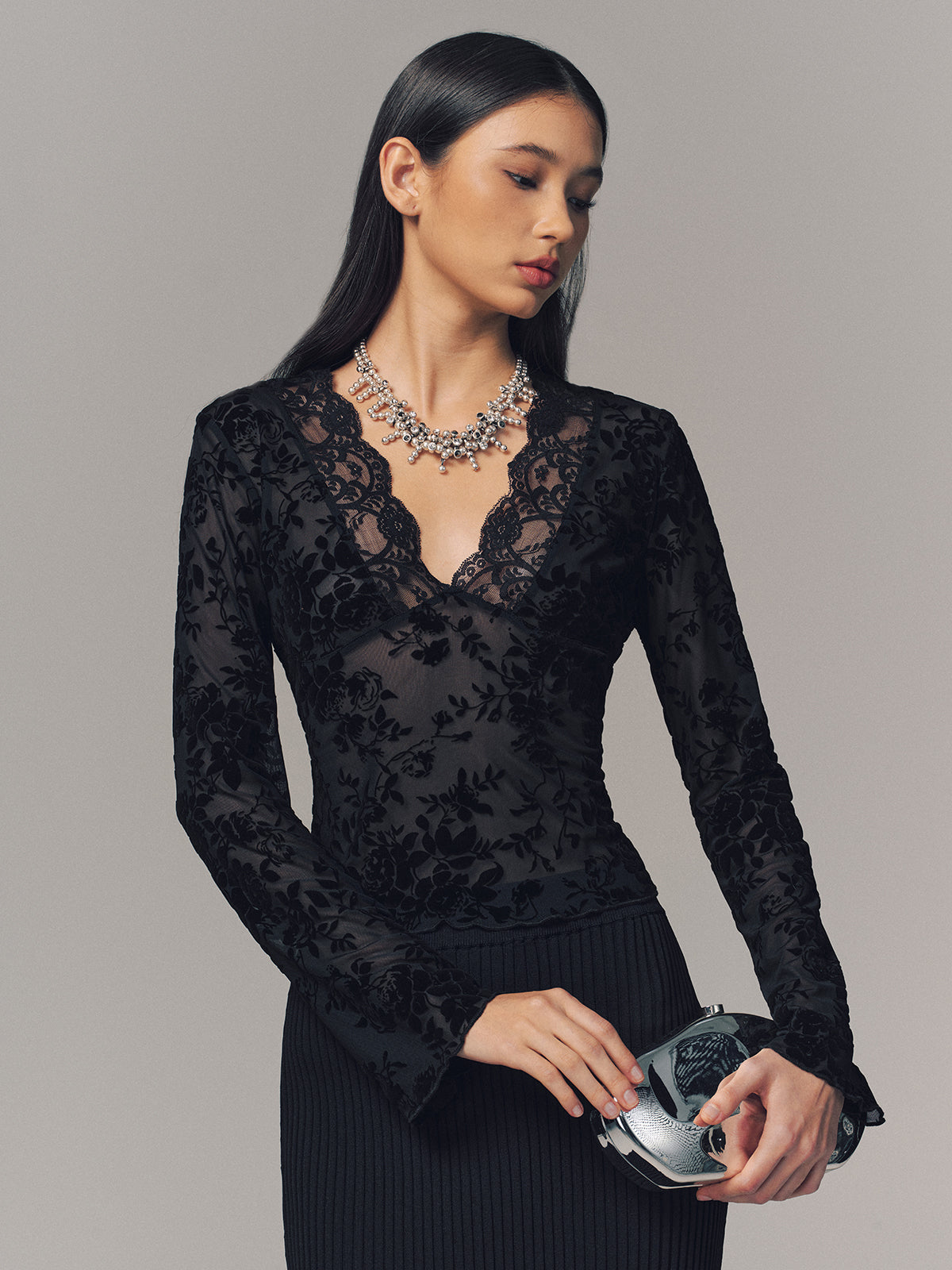 Semi-Sheer Lace V-Neck Blouse