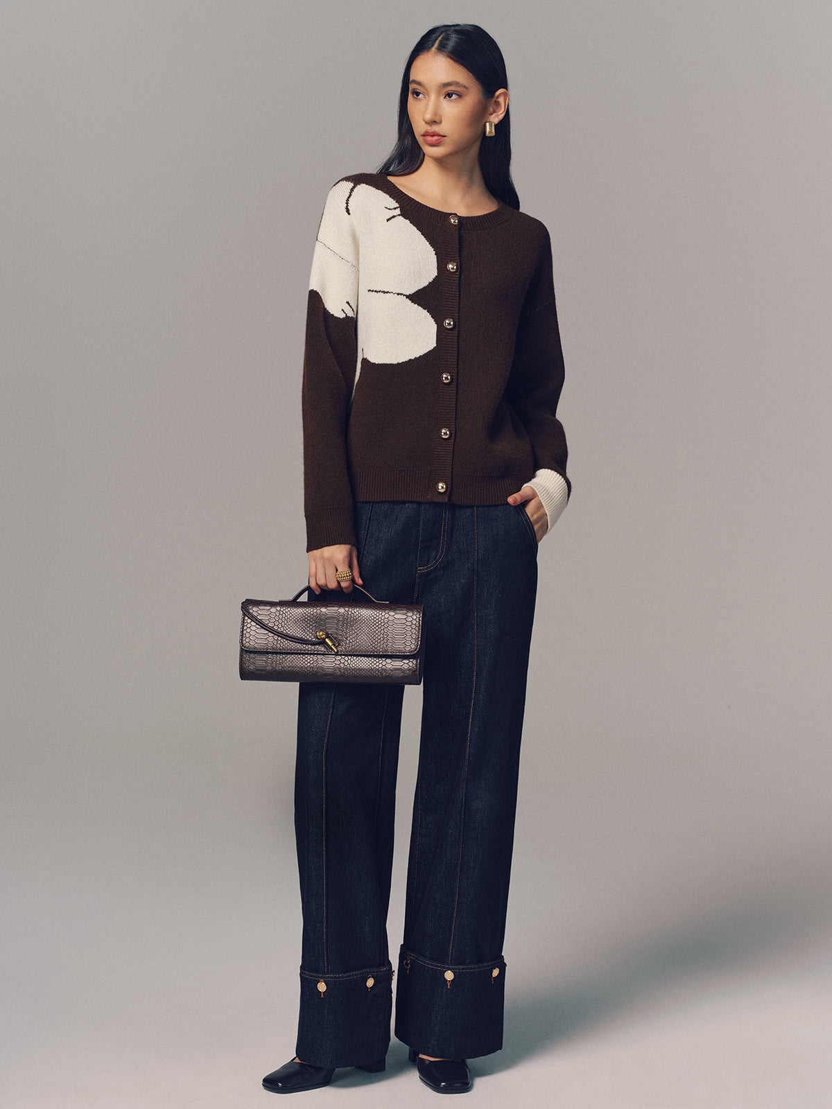 Contrast Floral Button-Front Cardigan