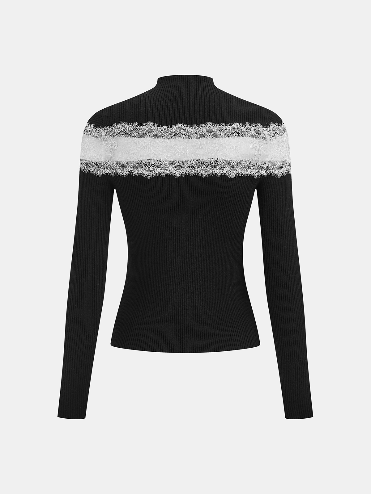 Mock Neck Ribbed Lace Panel Top
