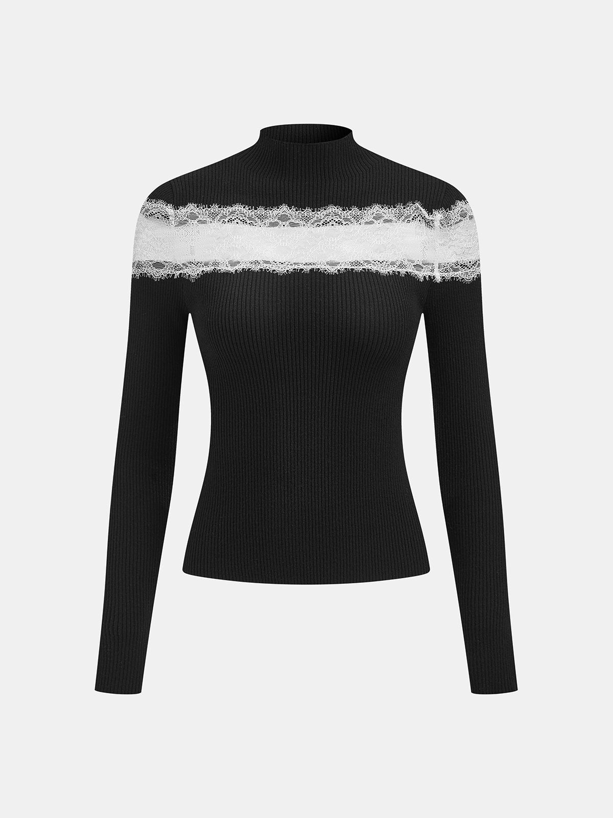 Mock Neck Ribbed Lace Panel Top