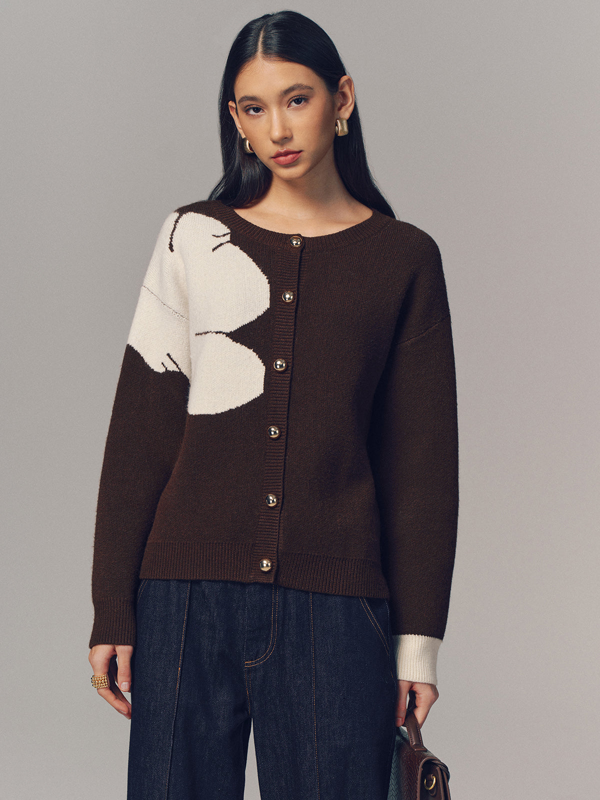 Contrast Floral Button-Front Cardigan