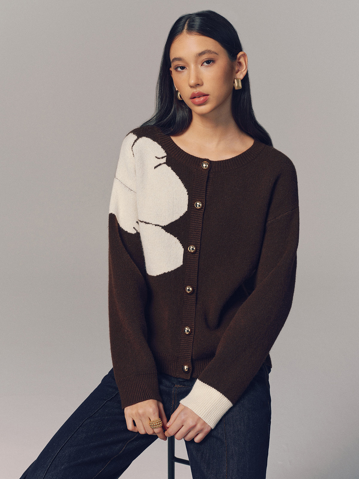 Contrast Floral Button-Front Cardigan
