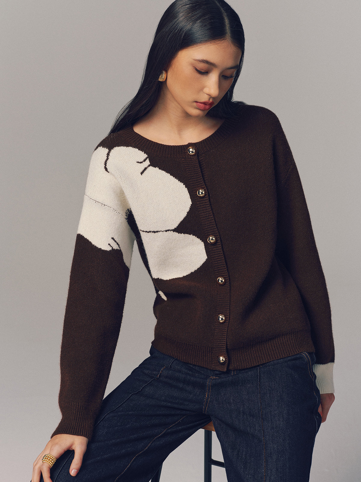 Contrast Floral Button-Front Cardigan