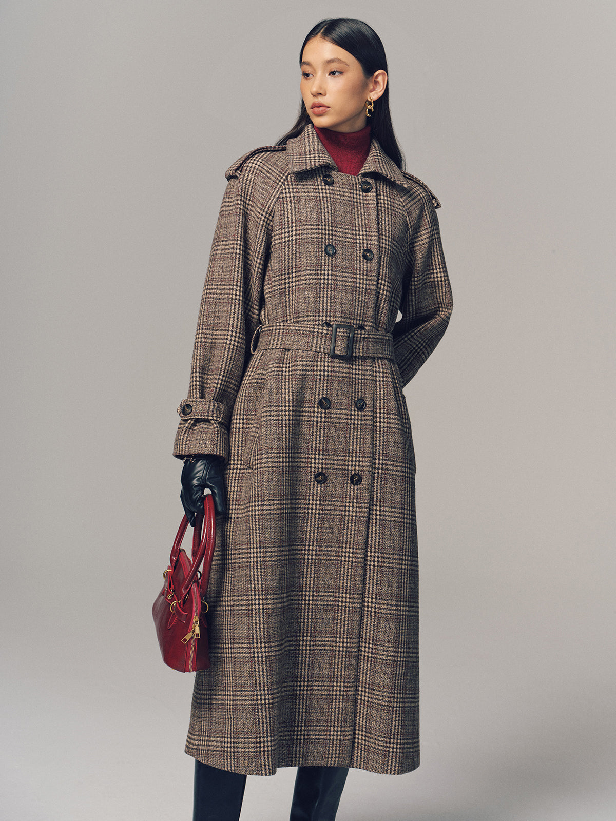 Trench-coat long croisé à ceinture en motif écossais