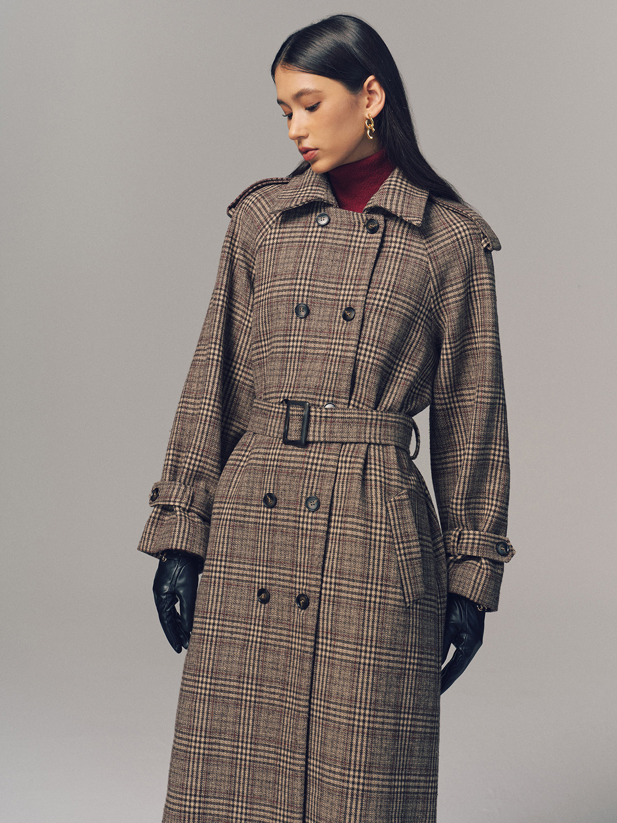 Belted Plaid Double-Breasted Long Trench Coat