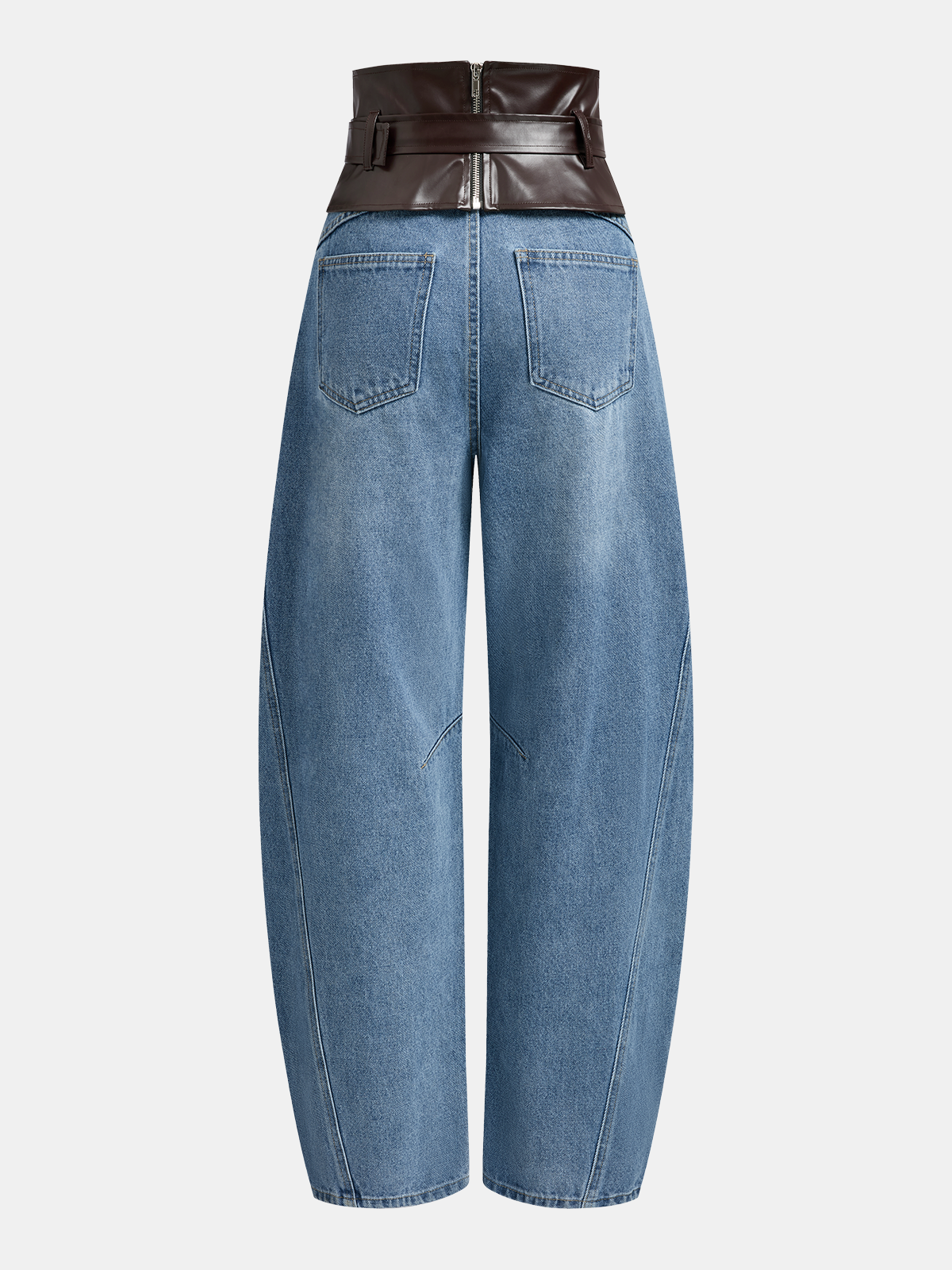 Faux Leather Waistband Denim Curved-Leg Pants