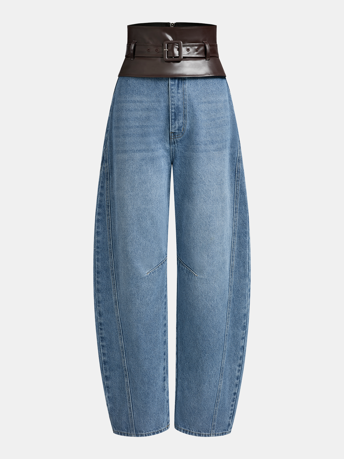 Faux Leather Waistband Denim Curved-Leg Pants