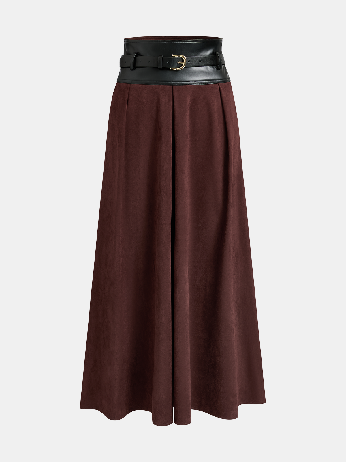 Belted Faux Leather Panel Suede Effect Maxi Skirt