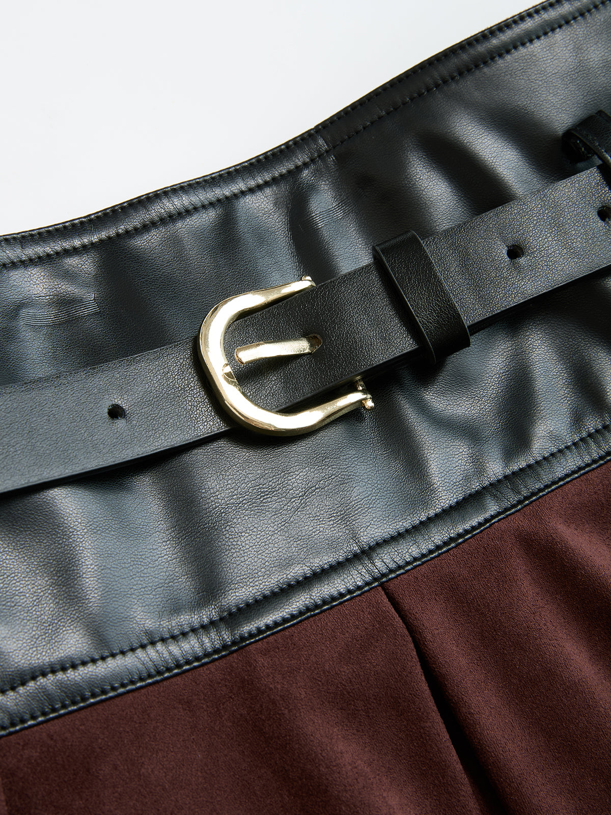 Belted Faux Leather Panel Suede Effect Maxi Skirt