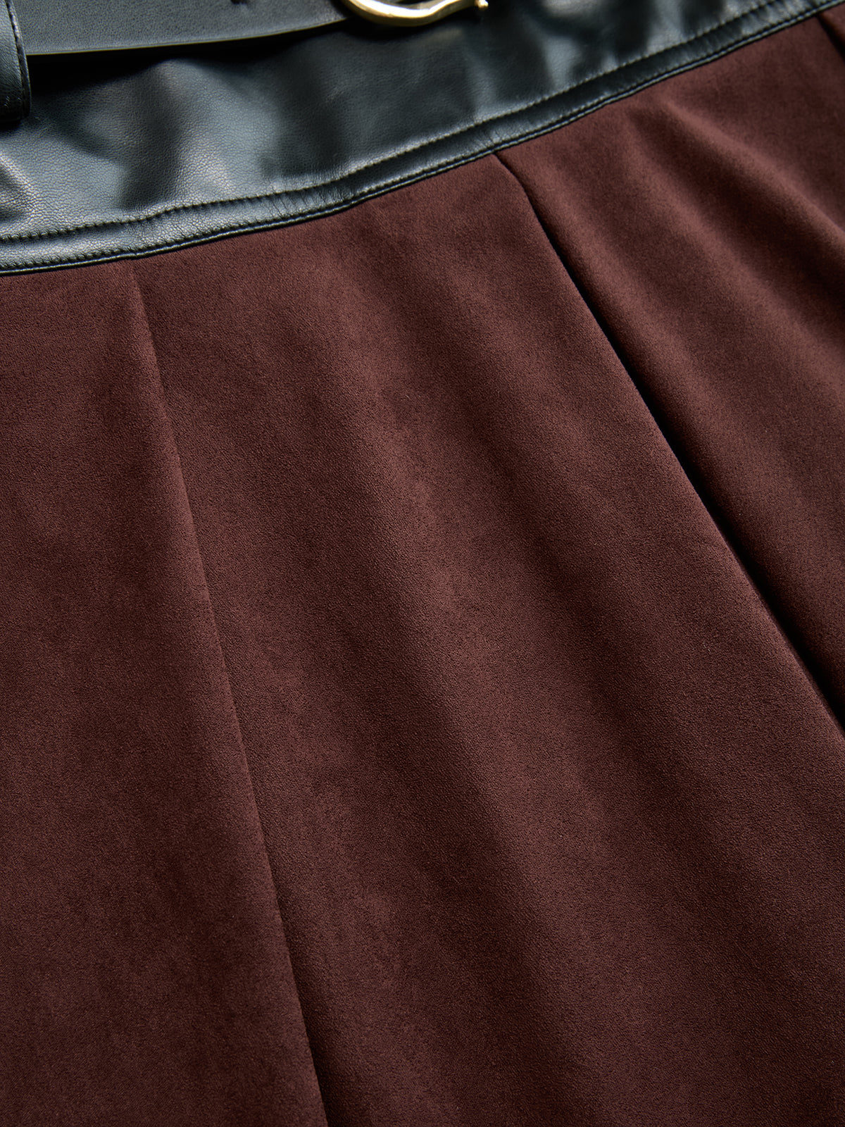 Belted Faux Leather Panel Suede Effect Maxi Skirt