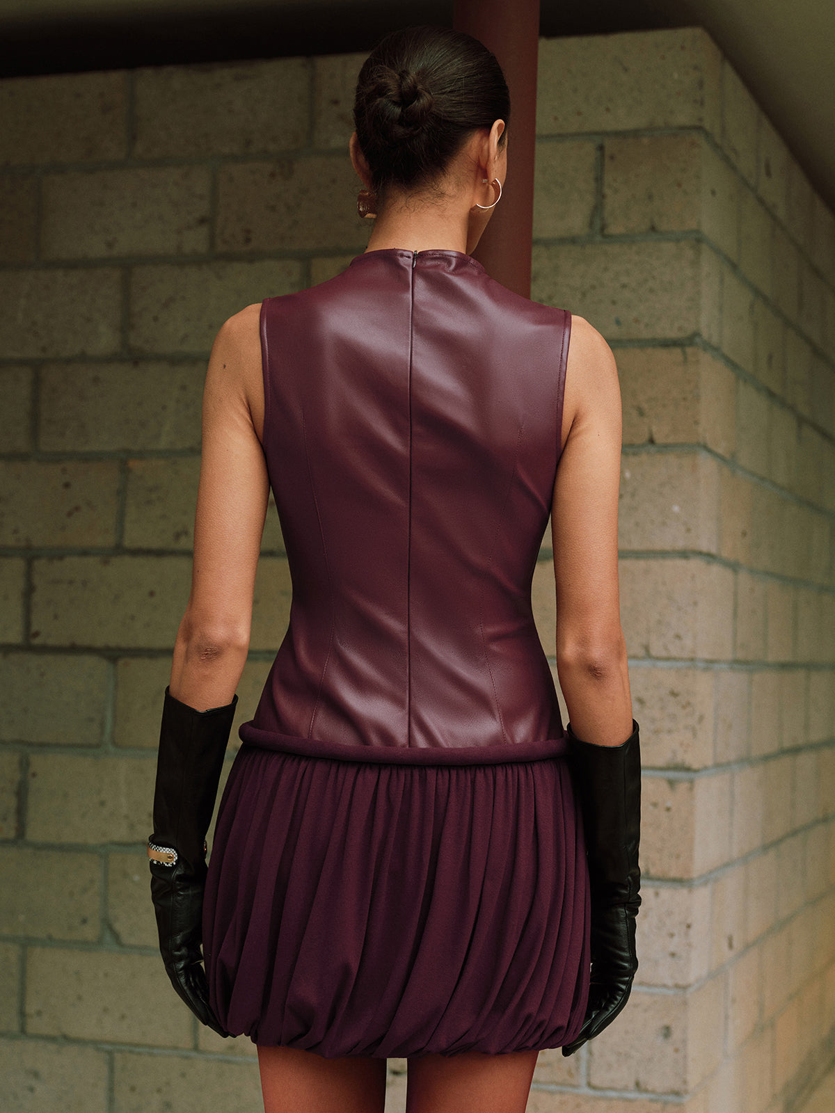 Faux Leather Mock Neck Bubble Mini Dress