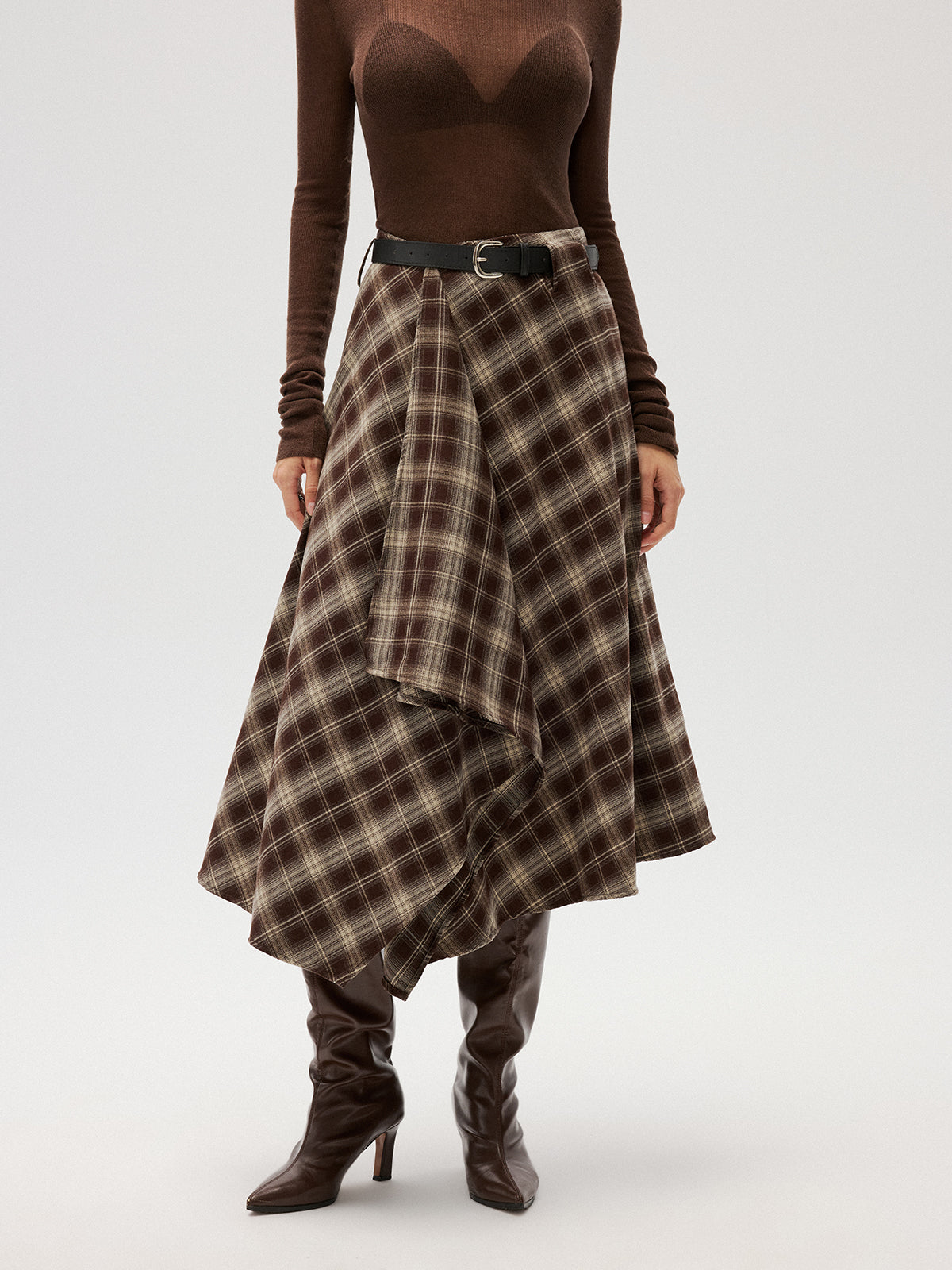 Cotton-Blend Plaid Asymmetric Maxi Skirt without Belt