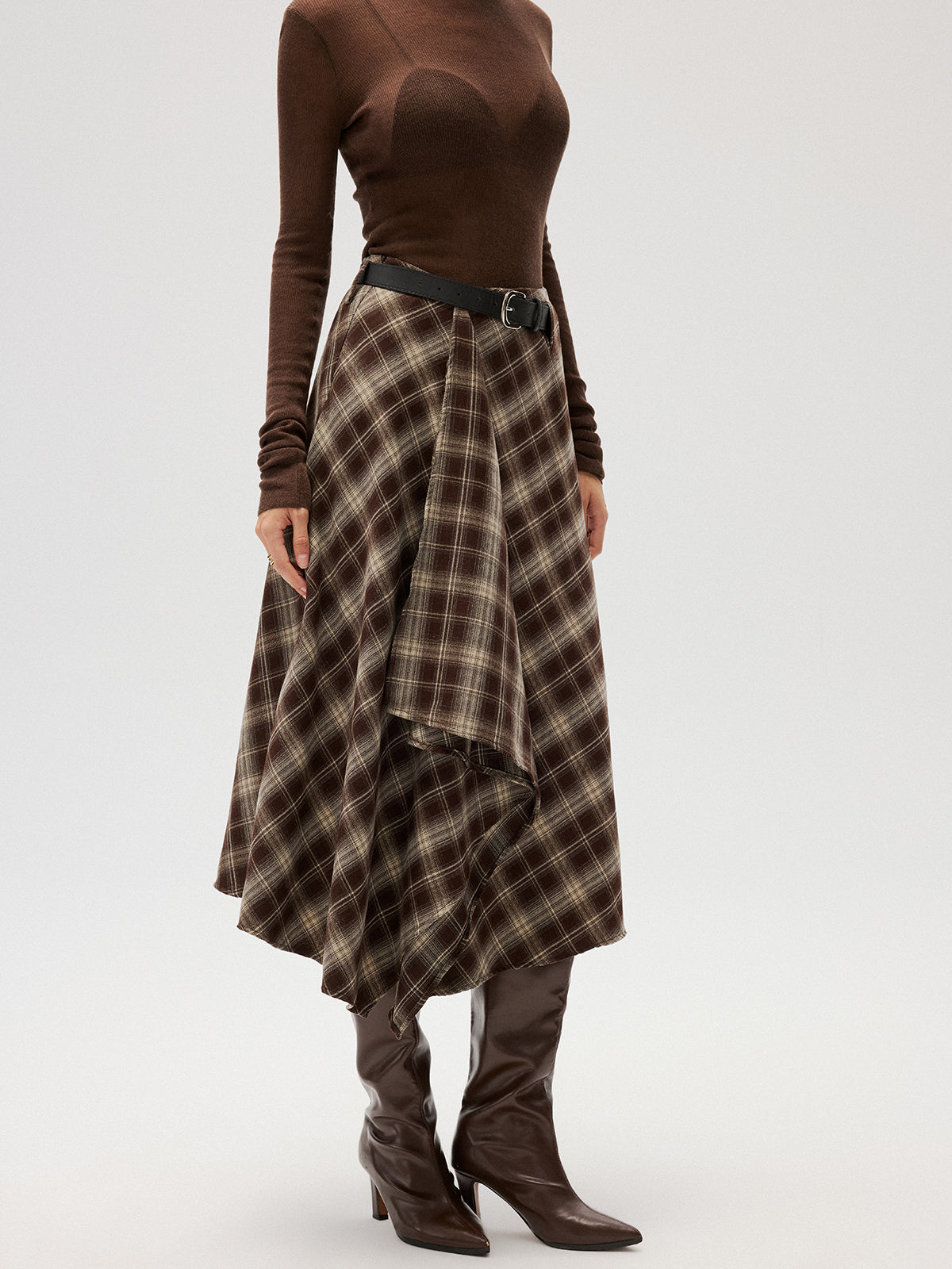 Cotton-Blend Plaid Asymmetric Maxi Skirt without Belt