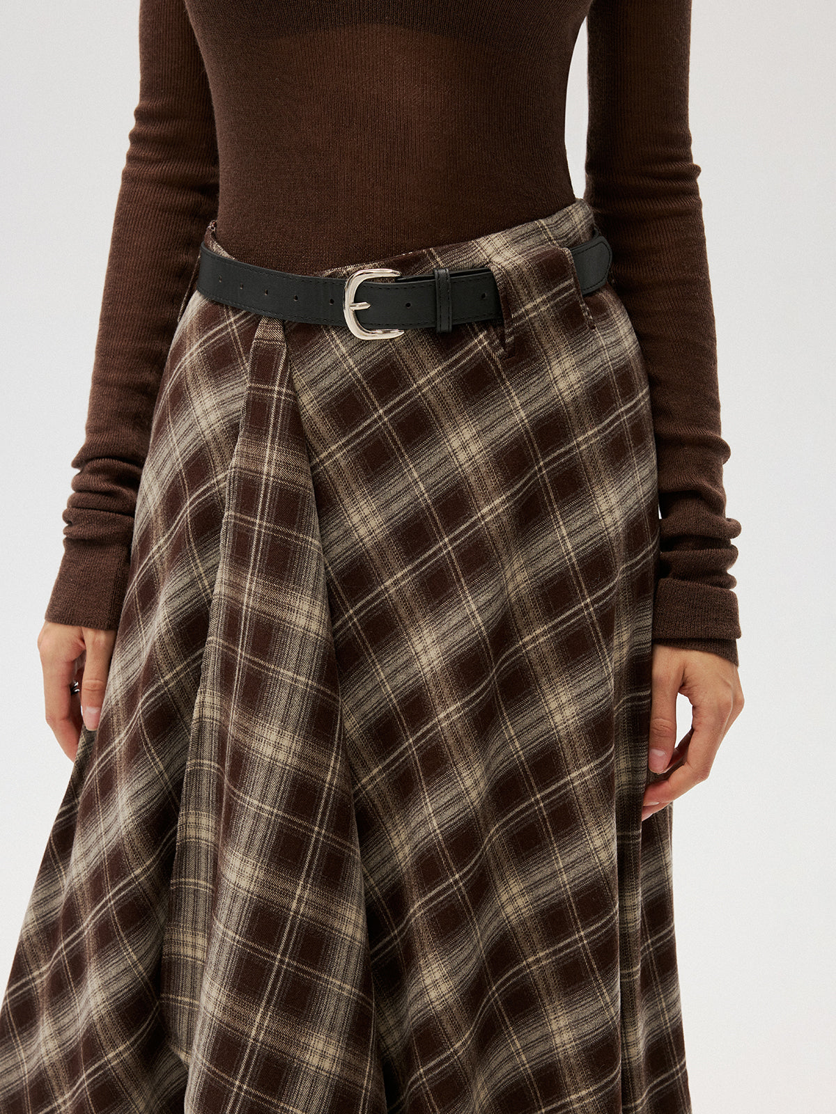 Cotton-Blend Plaid Asymmetric Maxi Skirt without Belt