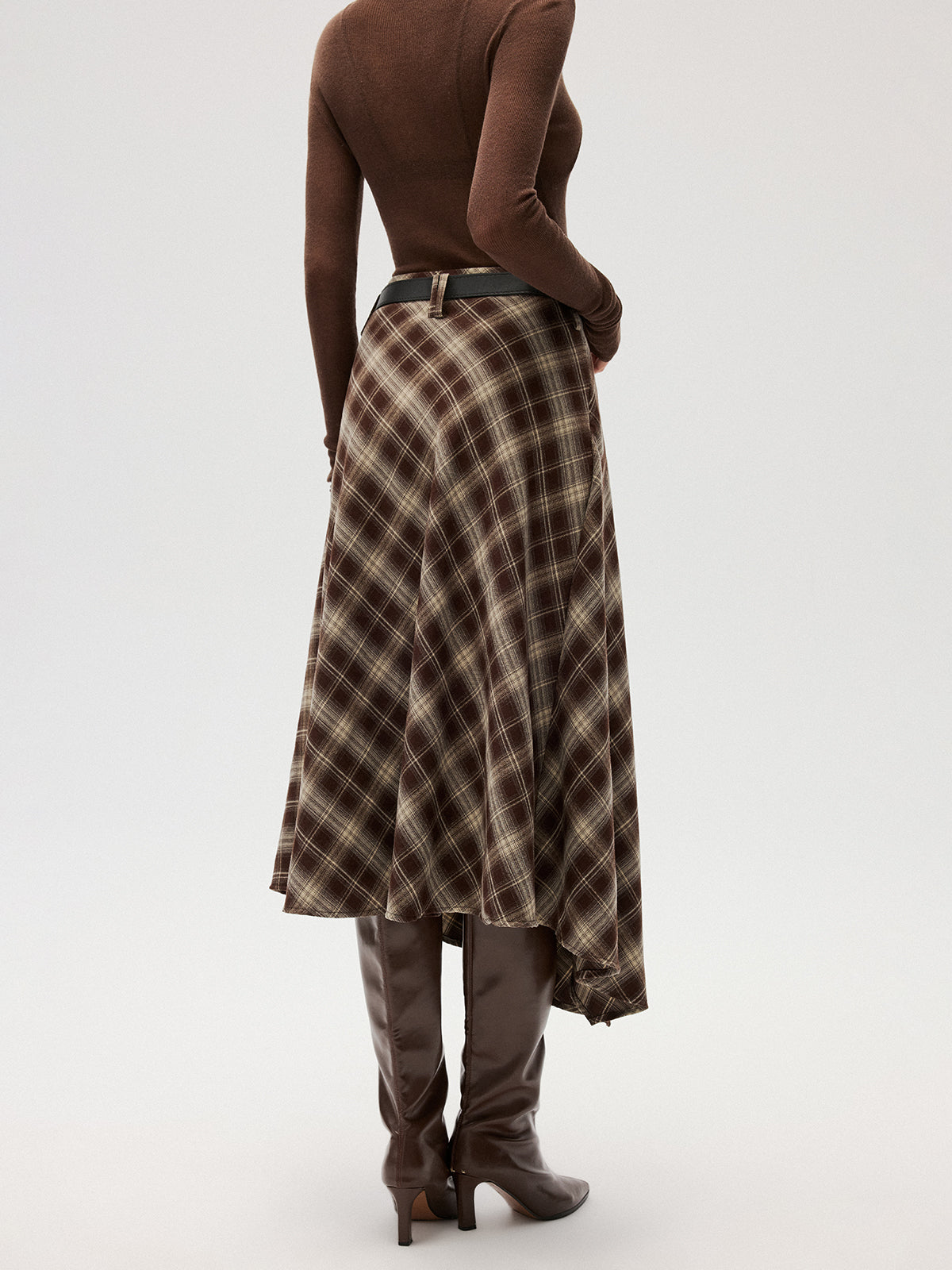 Cotton-Blend Plaid Asymmetric Maxi Skirt without Belt