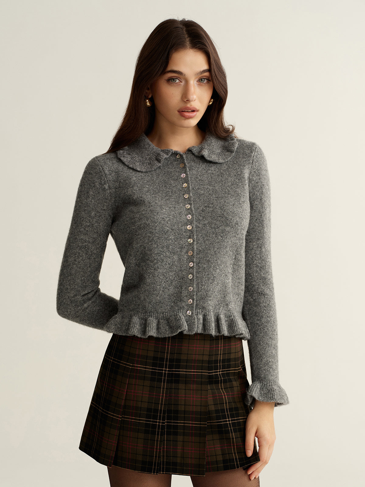 Collared Wool-Blend Ruffled Cardigan