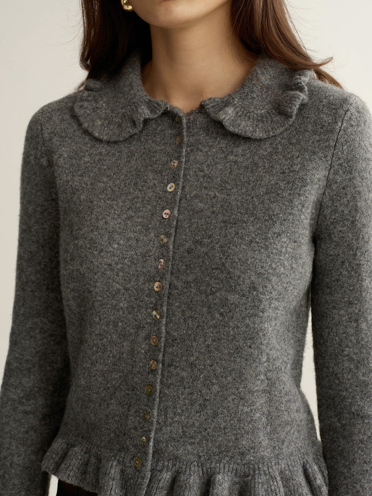 Collared Wool-Blend Ruffled Cardigan