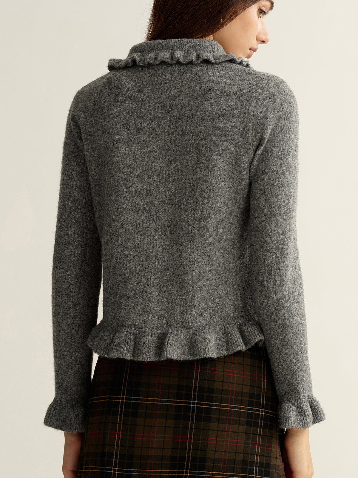 Collared Wool-Blend Ruffled Cardigan