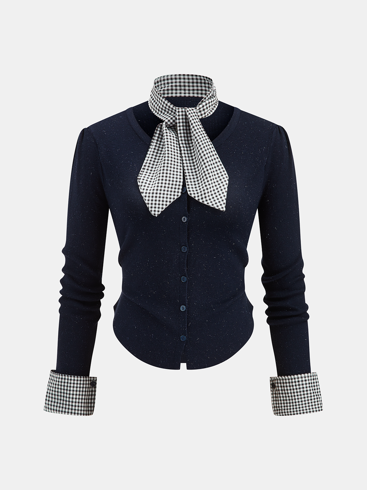 Gingham Cuff Button Front Cardigan with Scarf