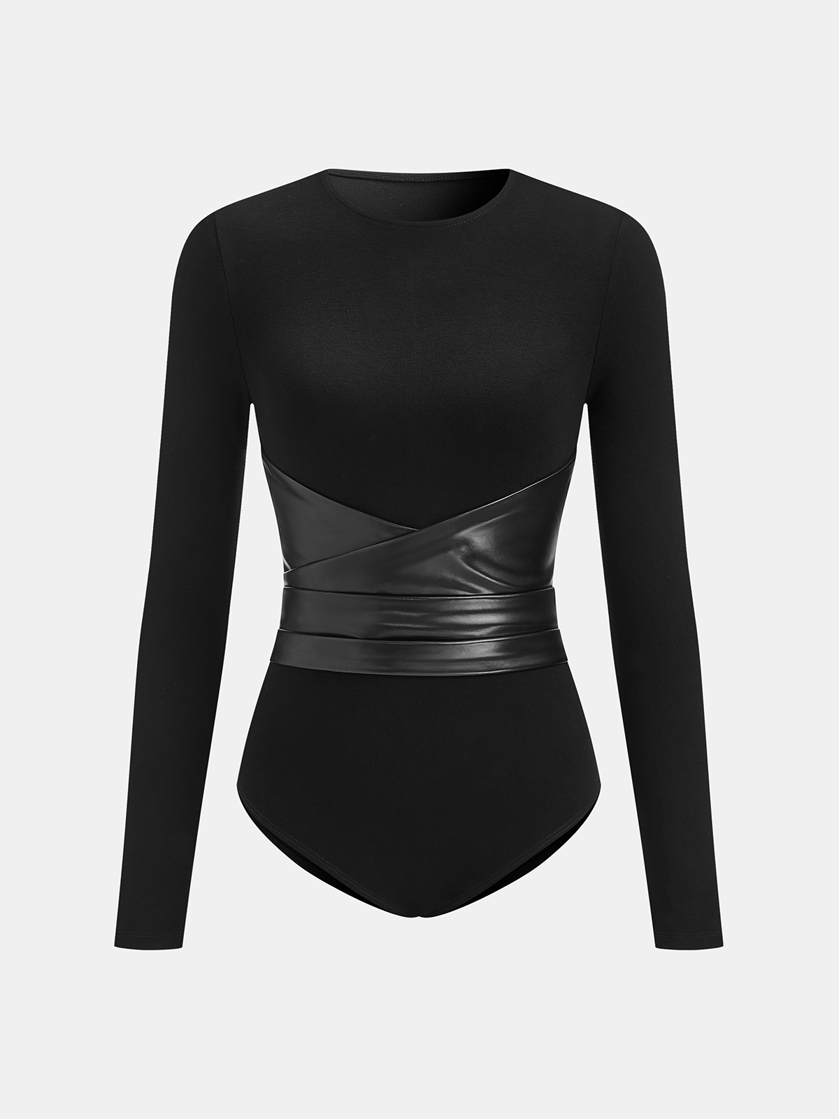 Faux Leather Corset Waist Long-Sleeve Bodysuit