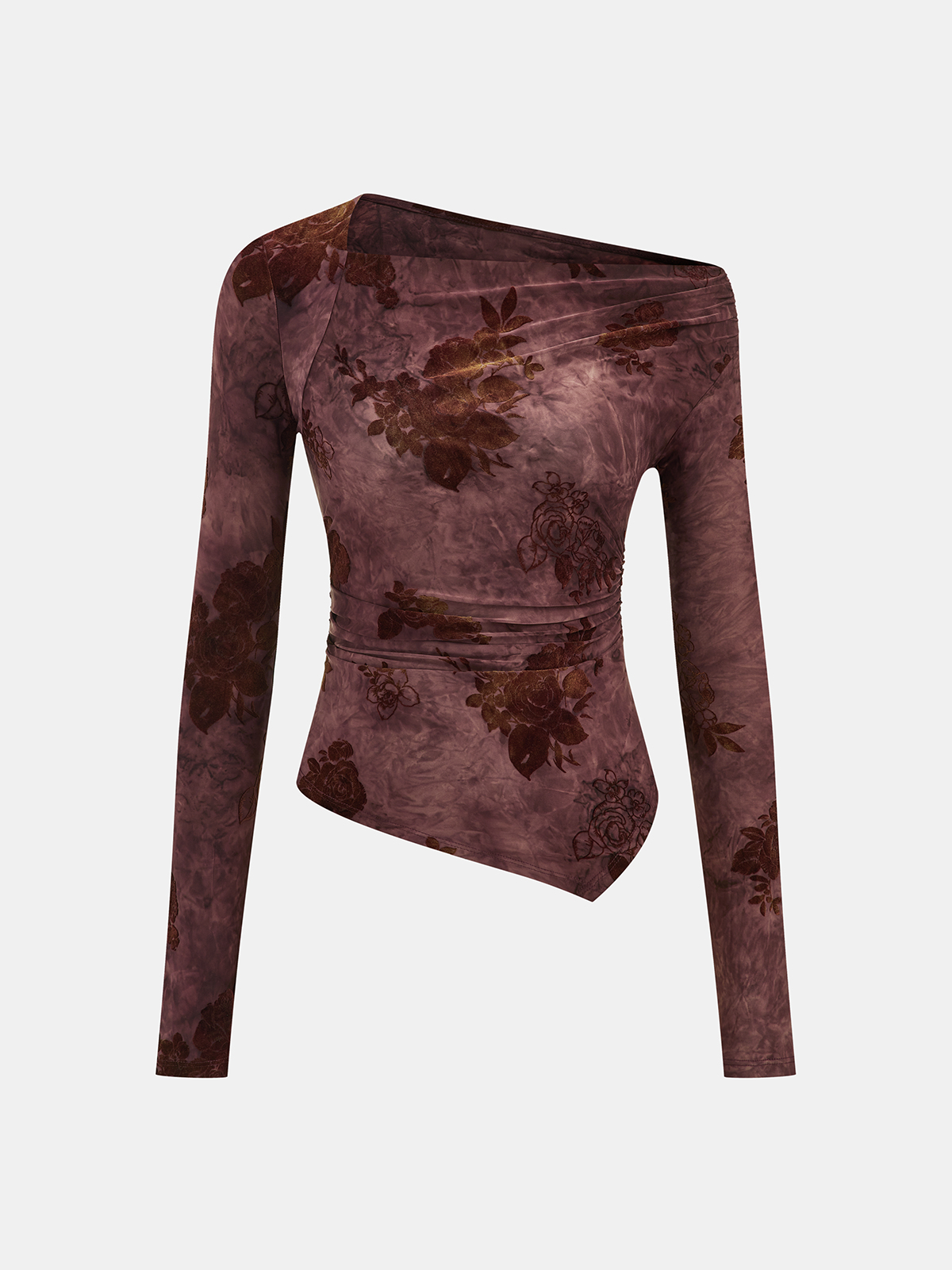 Haut asymétrique à manches longues et volants, imprimé floral