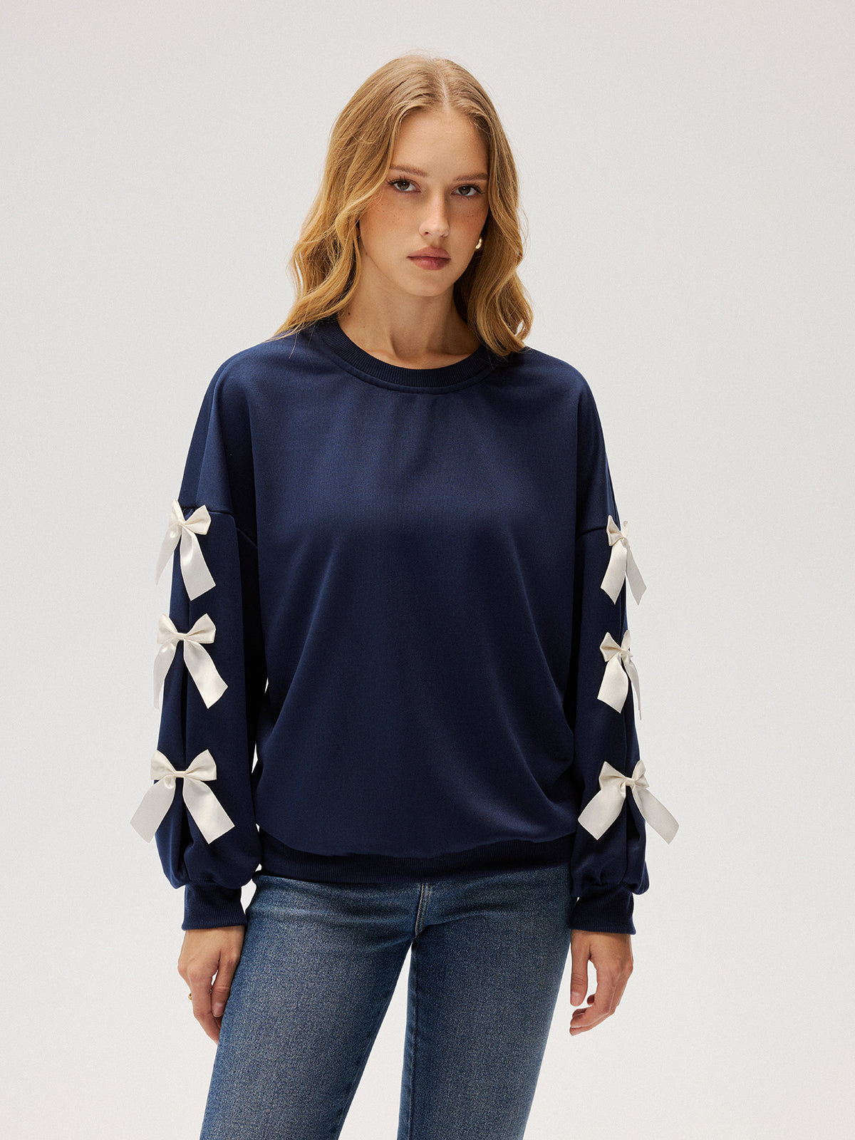 Crew Neck Bow Accent Sweatshirt