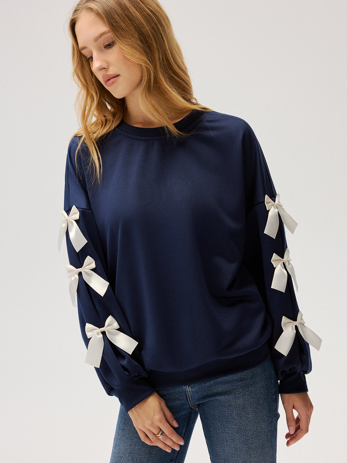 Crew Neck Bow Accent Sweatshirt