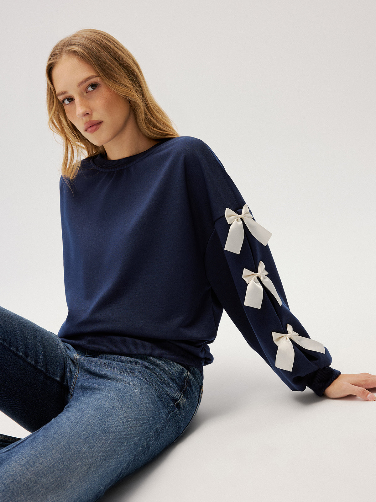 Crew Neck Bow Accent Sweatshirt